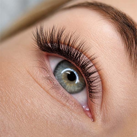 Nahaufnahme natürlicher Wimpernverlängerung mit braunen Farbwimpern